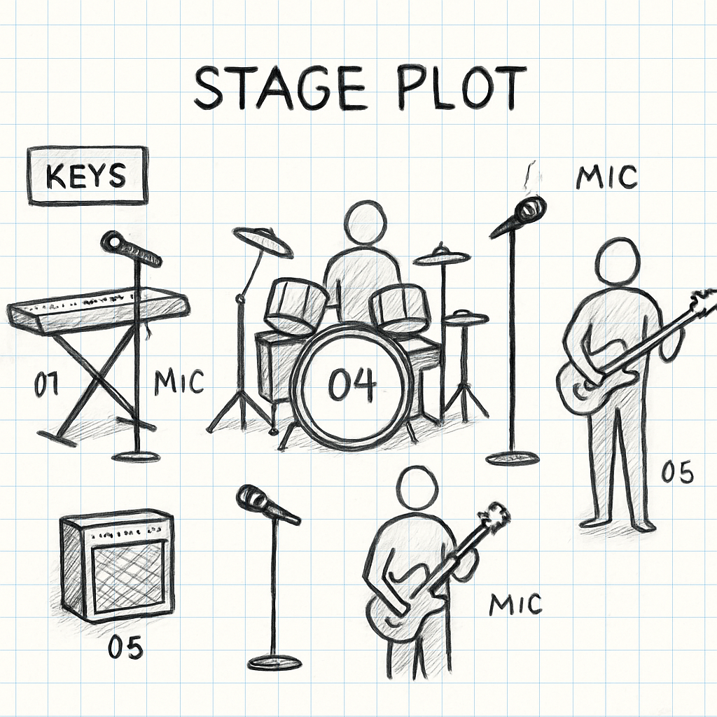 A detailed stage plot showing musicians, microphone icons, and patch numbers on a digital grid. Alt: exemple plan de scène avec numéros de patch et positions de micros