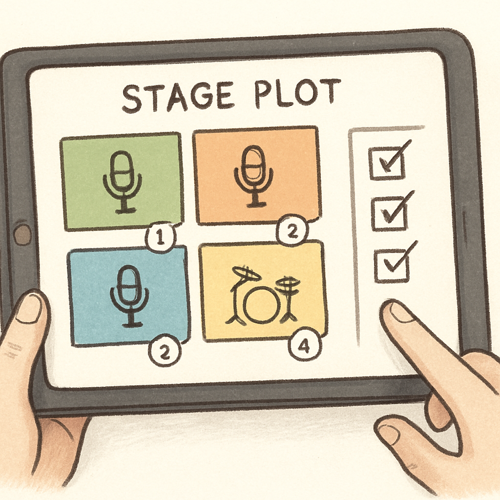 A stage plot on a digital tablet showing colored sub‑patches, microphone icons, and mix numbers, with a hand pointing at a checklist. Alt: Exemple plan de scène révisé et validé, avec annotations et couleurs claires