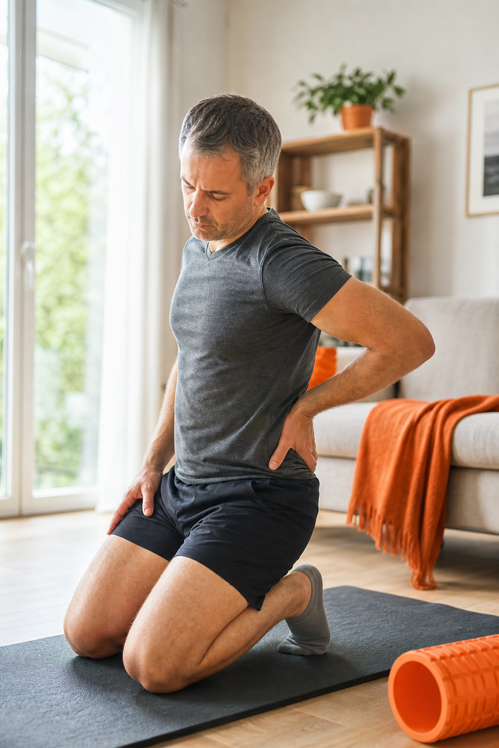Realism style, a person in a bright home setting checking their posture and comfort before gentle lower back exercise, natural relaxed expression, no visible text or phone numbers. Alt: checking symptoms before exercises for lower back pain