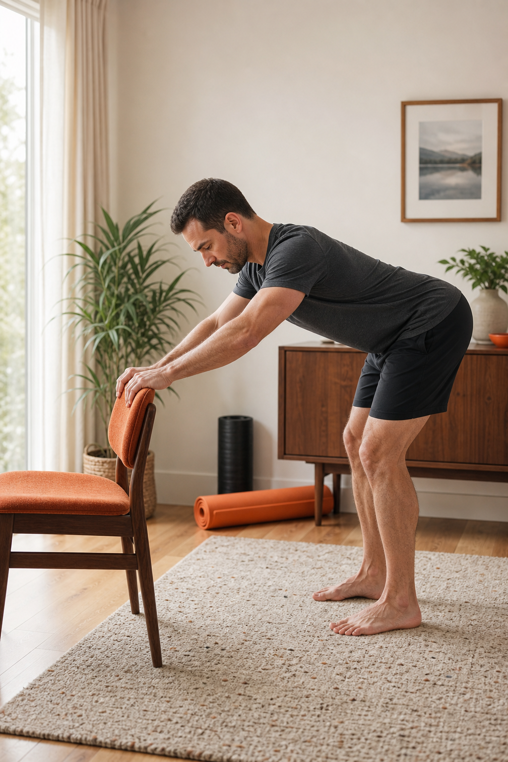 Realism style, an adult performing a supported hip hinge beside a sturdy chair in a calm home exercise space, clear neutral spine, warm natural light, no visible text or phone numbers. Alt: supported strength exercise for lower back pain