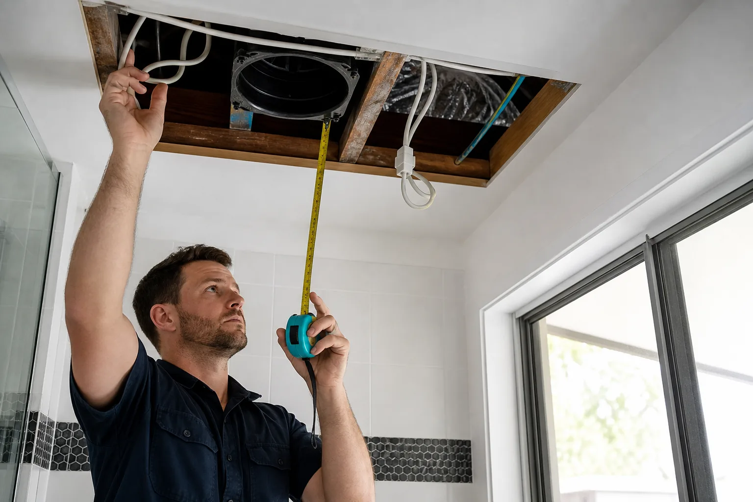 electrician assessing bathroom exhaust fan size and ceiling wiring in Australia.