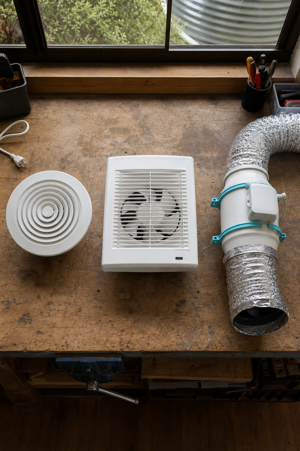 A photorealistic overhead shot of three different exhaust fans side by side on a wooden workbench: a compact white ceiling fan, a rectangular wall-mounted fan, and a cylindrical inline fan with ducting attached. Natural daylight from a workshop window. Alt: Three types of exhaust fans ceiling wall and inline for installation cost comparison.