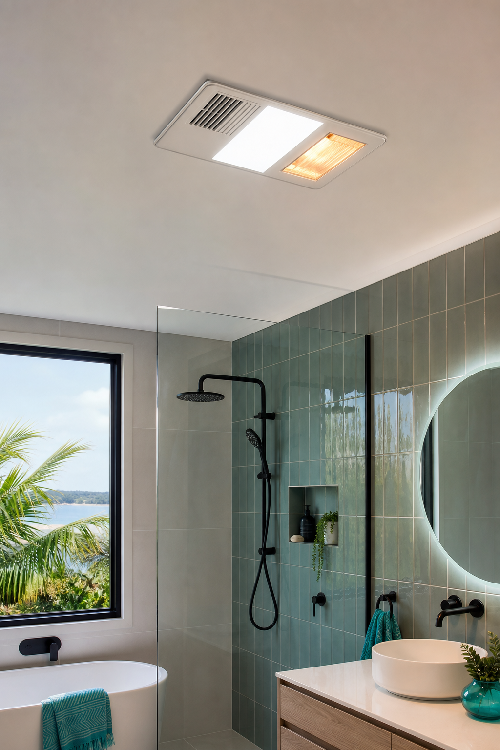 A operational shot inside a modern bathroom showing a ceiling exhaust fan with integrated LED light and heater panel installed, with soft ambient lighting and a tiled wall. Alt: Exhaust fan with light and heater combo unit installed in bathroom ceiling.