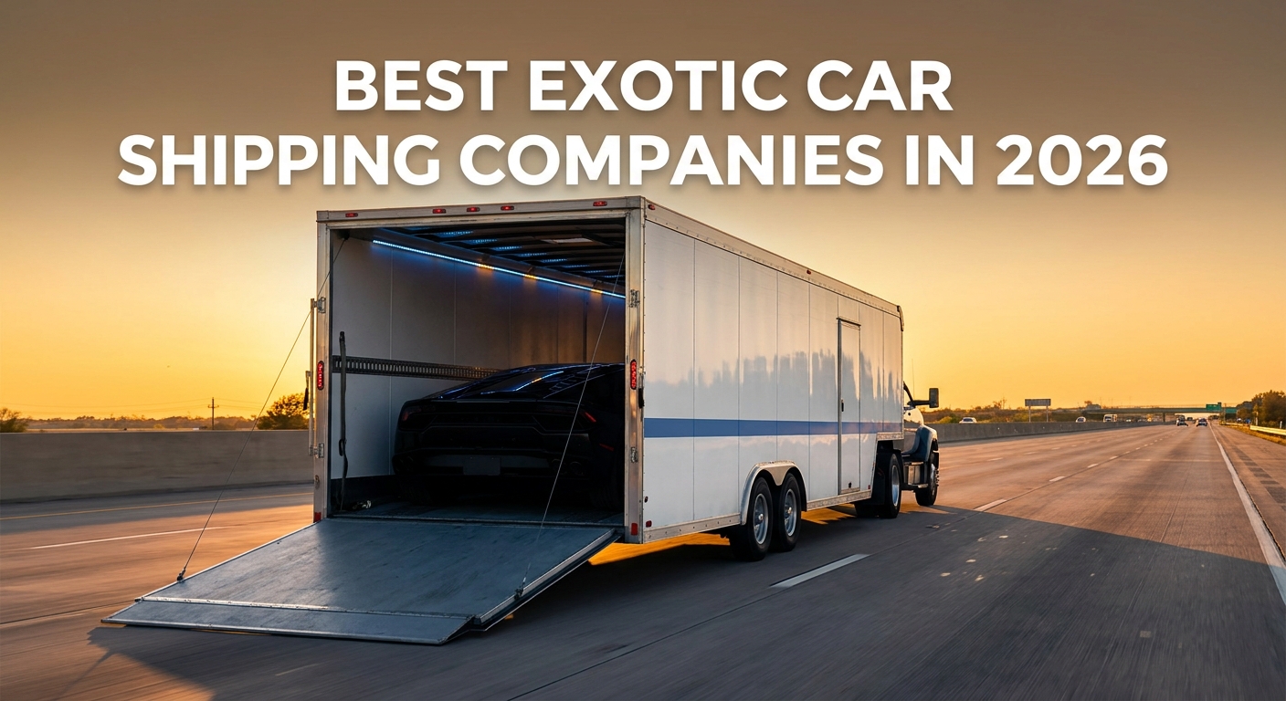 A photorealistic scene of a white enclosed car transport trailer on an open American highway at golden hour, a sleek exotic sports car visible through the partially open rear door, with warm blue accent lighting along the trailer's interior. Alt: enclosed exotic car shipping trailer on a US highway