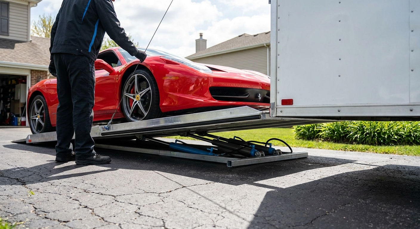 A photorealistic close-up of a low-profile hydraulic lift gate on an enclosed car transport trailer, with a bright red exotic sports car being carefully loaded at ground level in a suburban driveway. Alt: low-profile hydraulic lift gate loading an exotic sports car into enclosed trailer