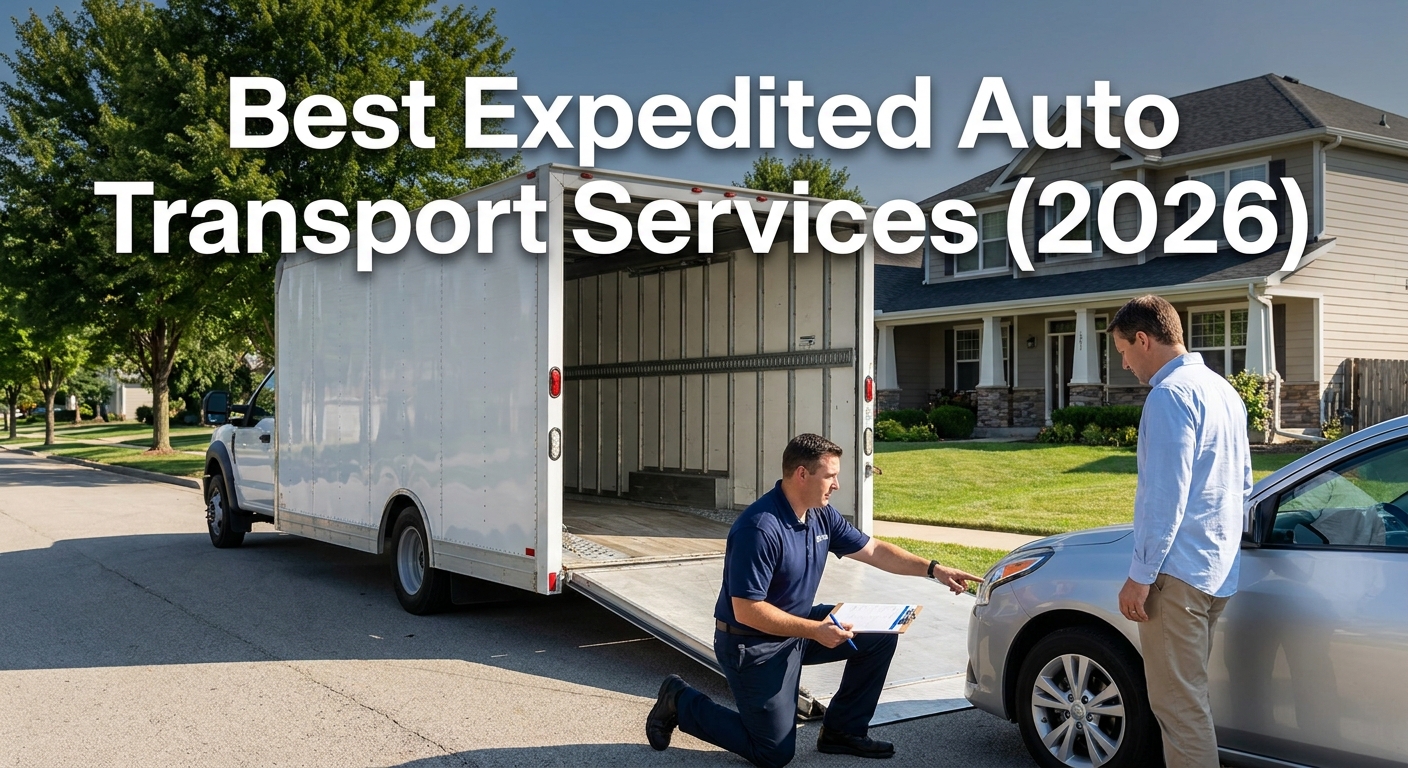 A white enclosed car carrier truck parked on a residential street while a driver in a uniform conducts a vehicle inspection with a homeowner in bright afternoon sunlight, with a modern suburban home visible in the background. Alt: expedited door-to-door auto transport service with carrier and homeowner inspection.