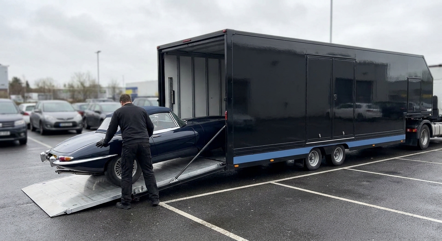 A sleek black enclosed transport trailer with hydraulic liftgate lowered, carefully loading a classic sports car in a parking lot under soft overcast light. Alt: enclosed expedited transport for luxury and classic car shipping.