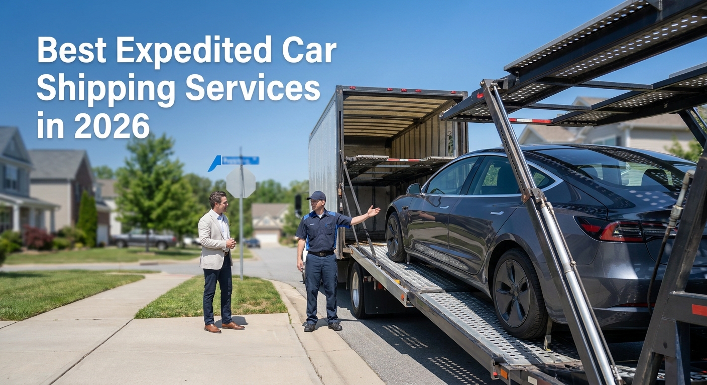 A photorealistic scene of a professional car transport truck loading a clean sedan in a suburban driveway on a bright morning, with a driver in a uniform reviewing paperwork. Brand color accent #4981CA visible on a clipboard folder. Natural outdoor lighting, no phone numbers visible. Alt: Dispatch Dudes expedited car shipping service loading vehicle for priority transport.