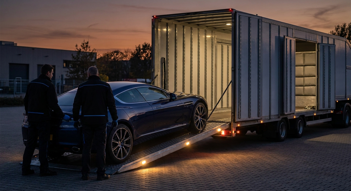 A sleek enclosed auto transport trailer with its ramp down, a luxury sports car being carefully driven inside by a white-gloved handler in a paved commercial lot. Soft natural daylight, no signage with phone numbers. Alt: Enclosed expedited transport for luxury and classic car shipping protection.