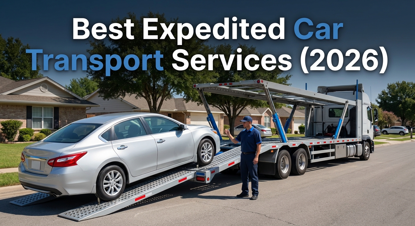 A photorealistic scene of a professional open car carrier truck being loaded in a sunny residential neighborhood, with a clean late-model sedan on the ramp and a driver in a company uniform guiding the process. Accent color: blue (#4981CA). Alt: Expedited car transport pickup with open carrier truck in residential neighborhood.