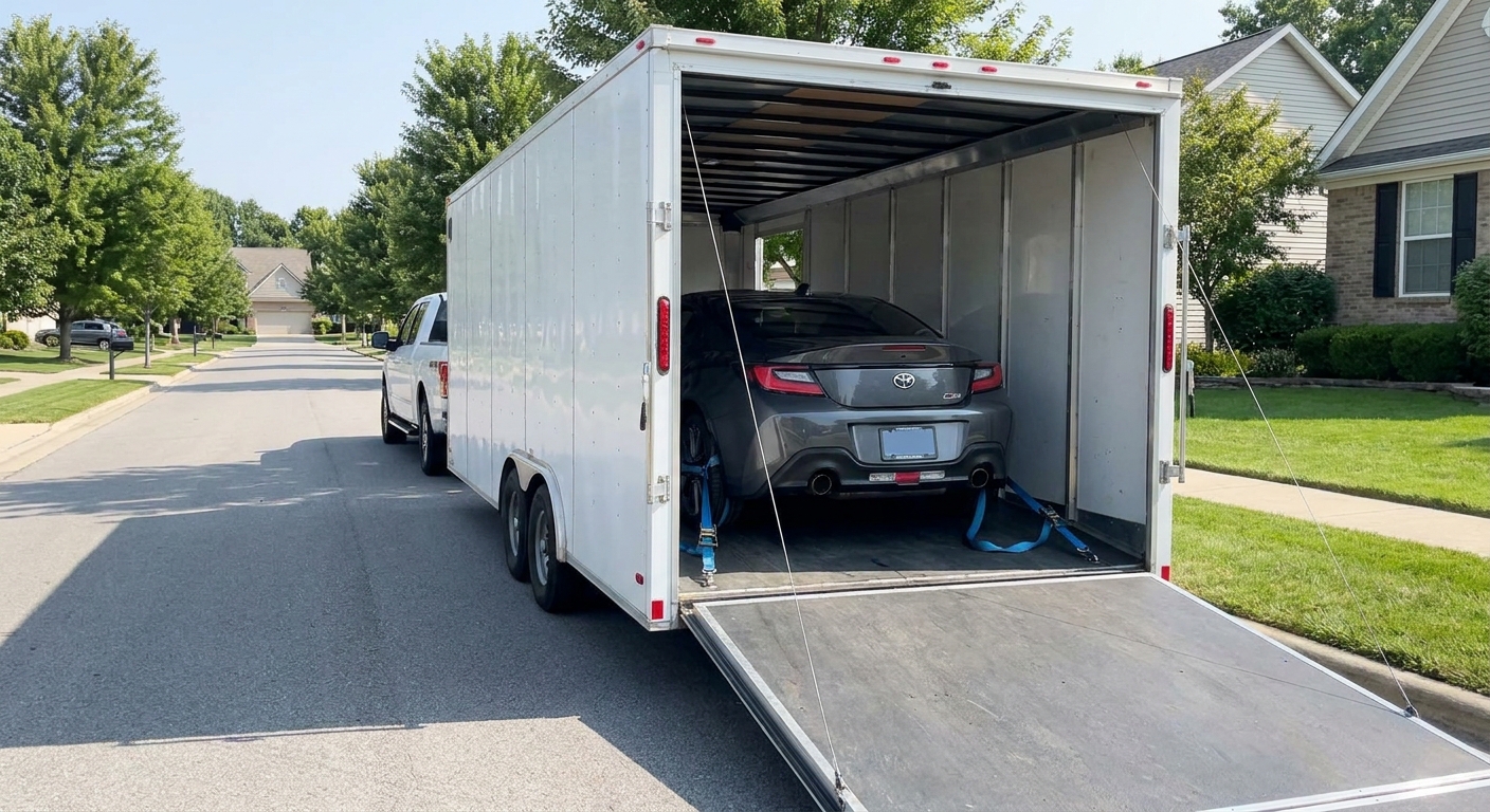 A photorealistic image of an enclosed auto transport trailer with its rear door open, revealing a luxury sports car secured inside with soft straps, parked on a clean suburban street. Alt: Enclosed expedited carrier trailer securing a luxury vehicle for fast transport.