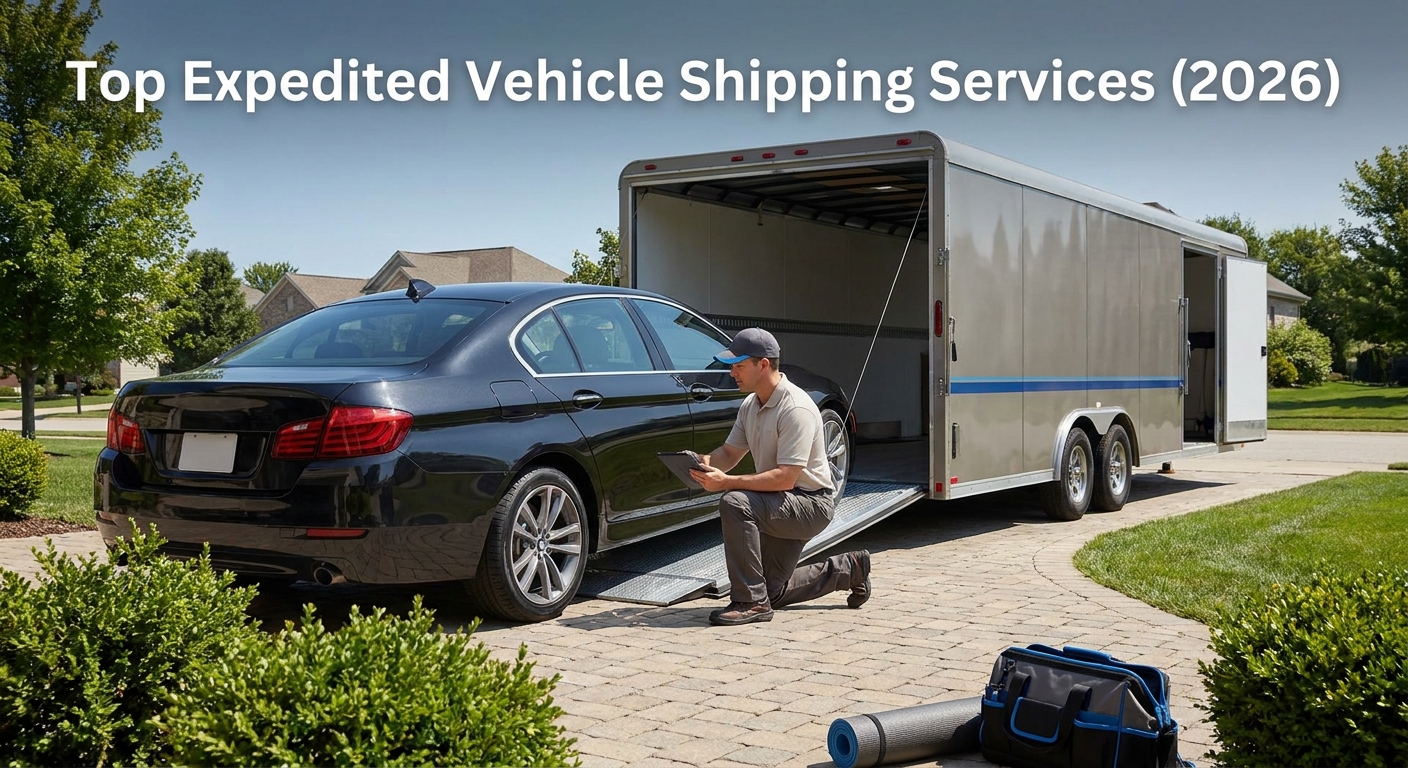 A realism-style photograph of a car being loaded onto an enclosed transport trailer in a sunny suburban driveway, with a uniformed driver inspecting the vehicle. Clean, professional scene with natural light and blue accent color on the transport company's equipment. Alt: expedited vehicle shipping service loading car onto enclosed carrier.