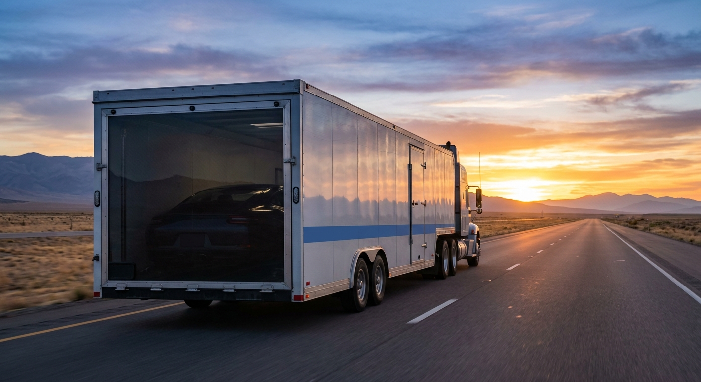 A realism-style photograph of a single-car enclosed transport truck driving on a highway at sunset, with an exotic sports car visible through the rear window of the carrier. Wide open road, dramatic lighting, blue sky. Alt: dedicated single car truck carrier expedited vehicle transport on highway.