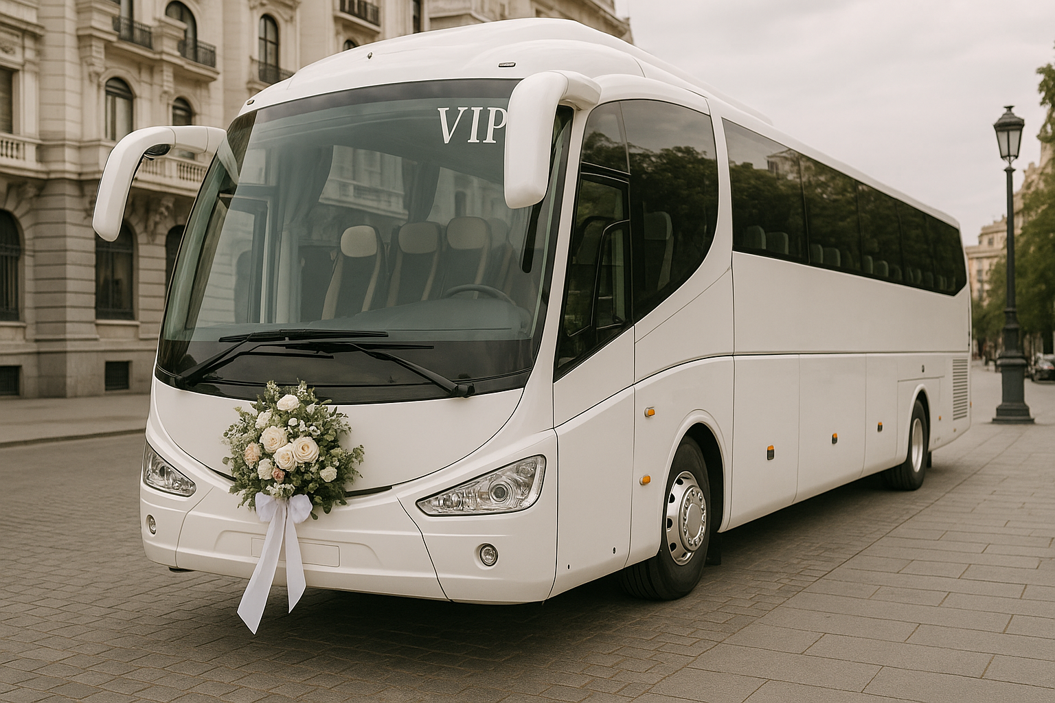 Elegant white VIP coach decorated for a wedding in Madrid. Alt: VIP coach hire Madrid for weddings and special events.
