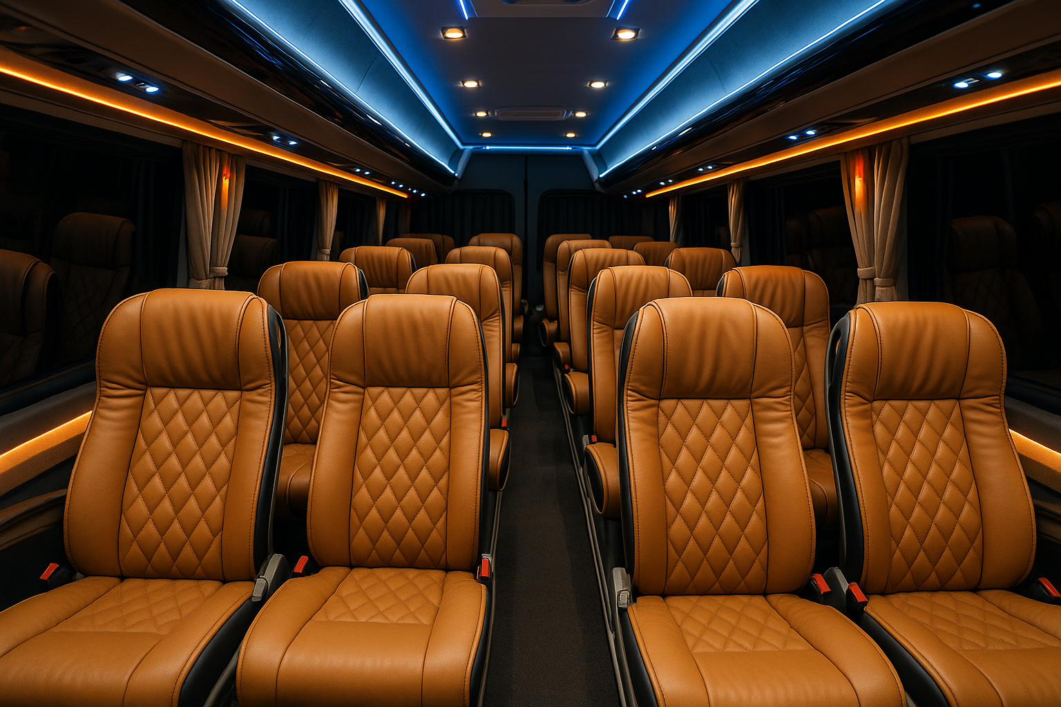 VIP coach interior with plush leather seats and ambient lighting. Alt: Interior of VIP coach hire Madrid showcasing luxury seating.