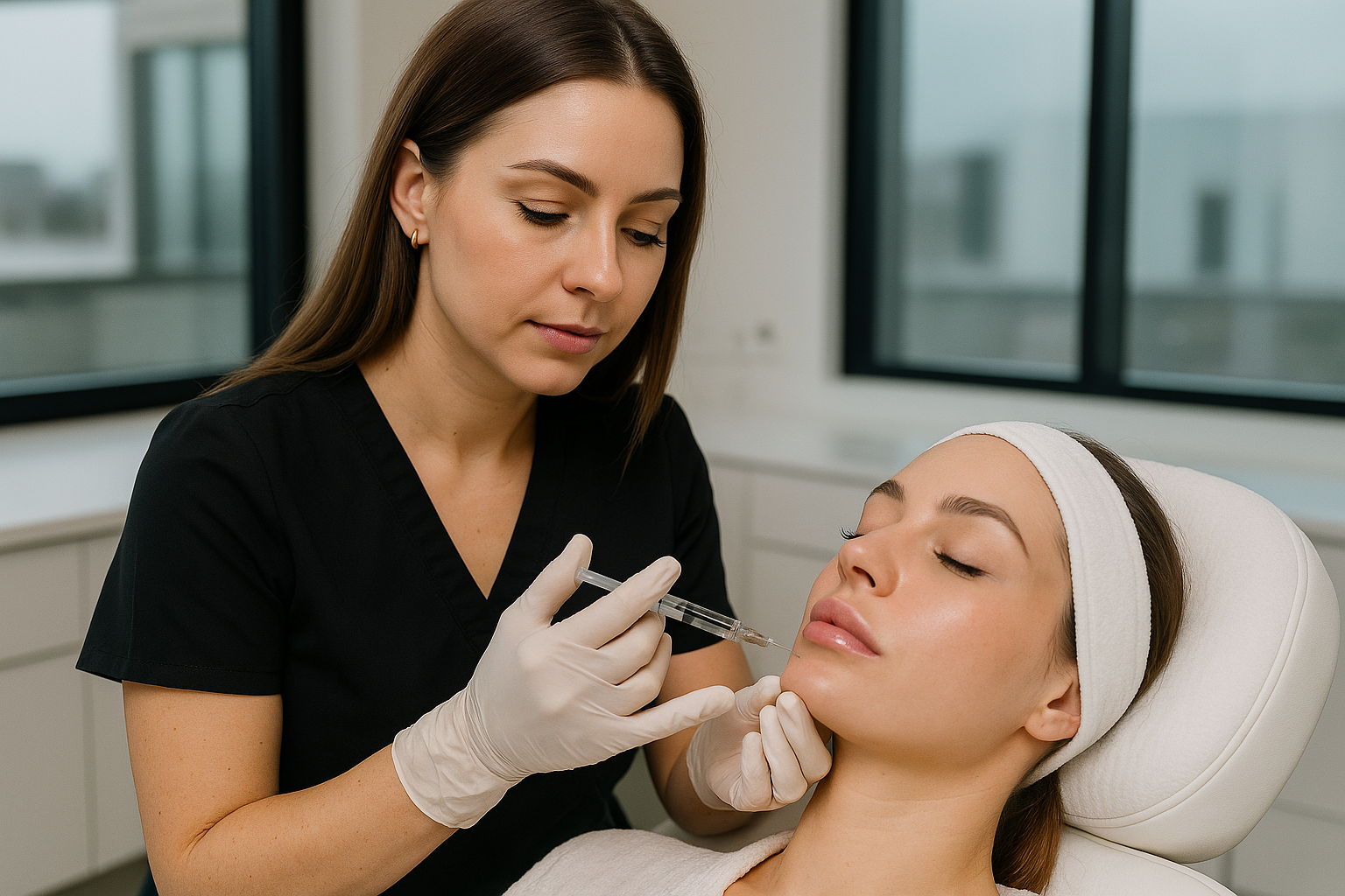 An aesthetic nurse administering lip filler injection in a modern medical spa. Alt: Expert lip filler Barrie treatment with hyaluronic acid injections.