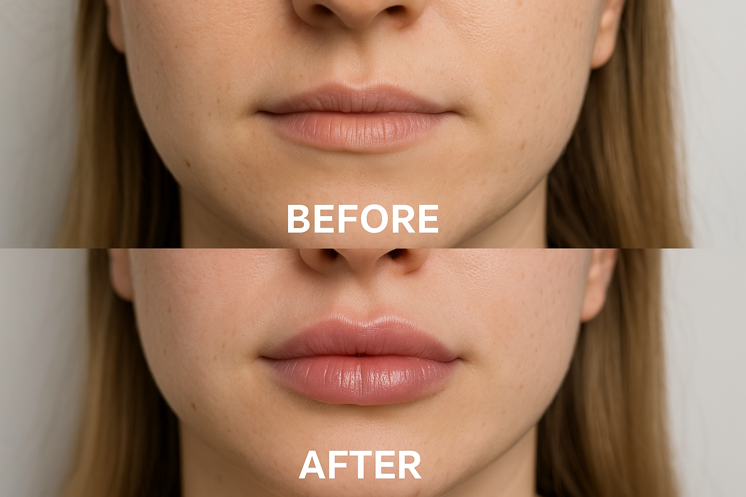 Before and after images showing natural lip enhancement with fillers in Barrie client. Alt: Safe and effective lip filler Barrie transformation results.