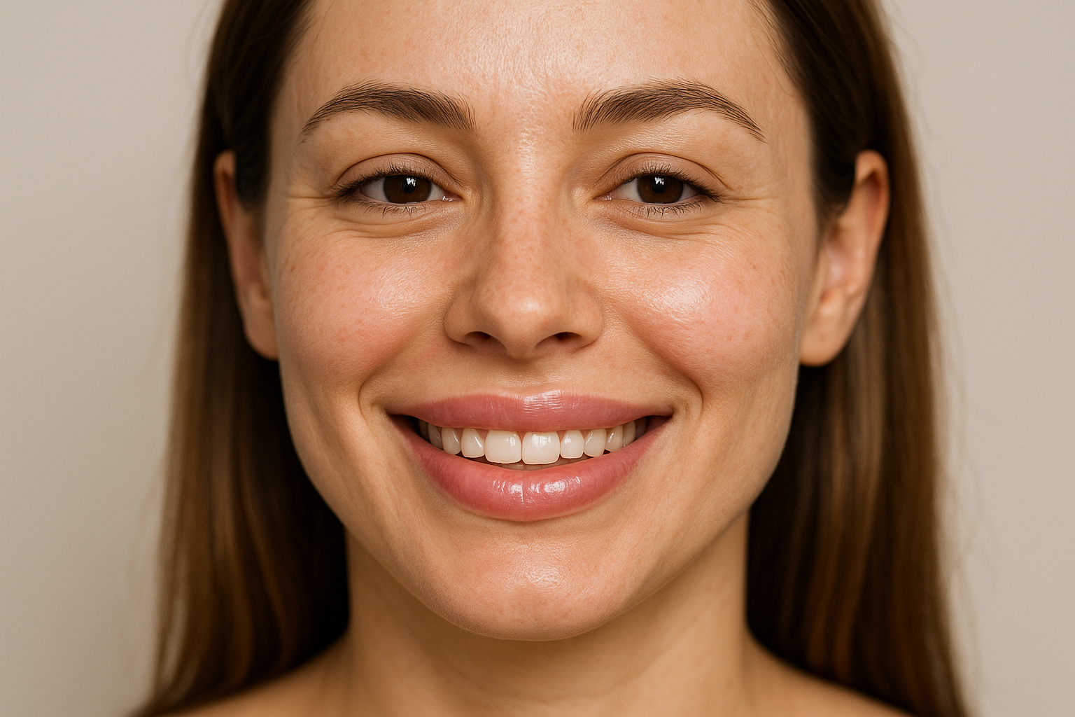 Close-up of a woman smiling post lip filler treatment, showing smooth, natural lips. Alt: Satisfied client after lip filler Barrie treatment.
