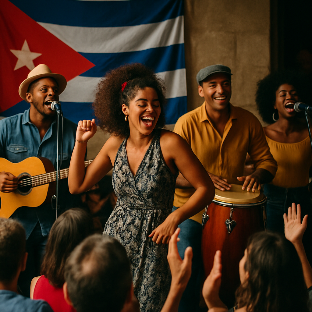 Imagen de artistas cubanos en un evento cultural vibrante, con músicos y bailarines conectando con el público. Alt: Artistas cubanos profesionales en España en concierto, mostrando autenticidad y pasión.