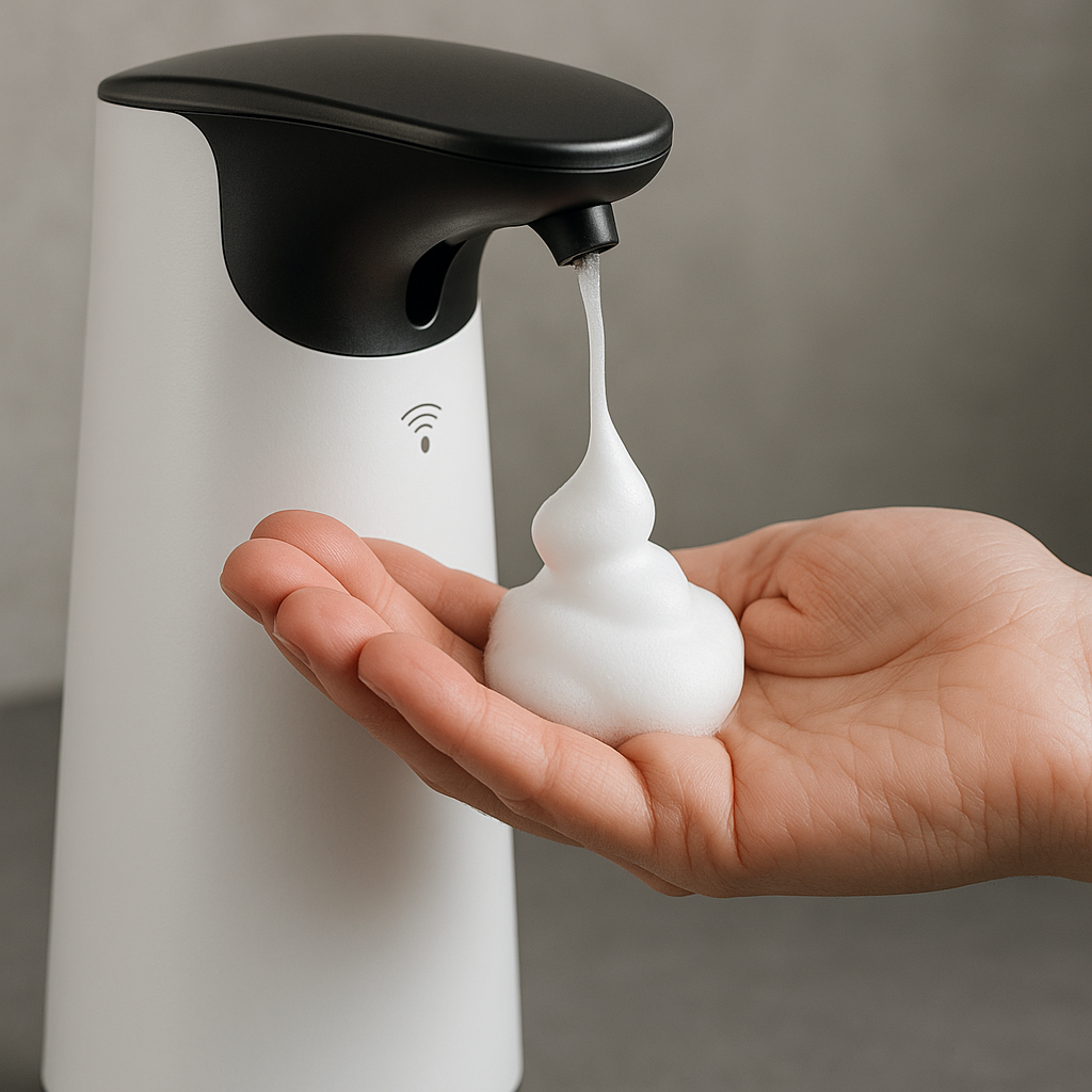 Close-up photo of a sleek automatic touchless soap dispenser with soap dispensing on a person's hand. Alt: Automatic touchless soap dispenser UK free delivery close-up hygiene technology.