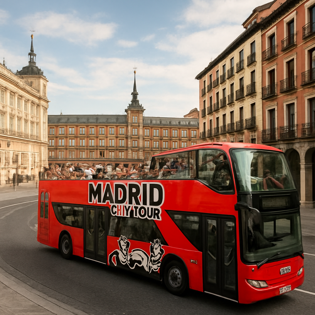 A panoramic view of a modern open‑top tour bus winding through Madrid’s historic streets, with iconic landmarks like the Royal Palace and Plaza Mayor in the background. Alt: madrid city tour bus