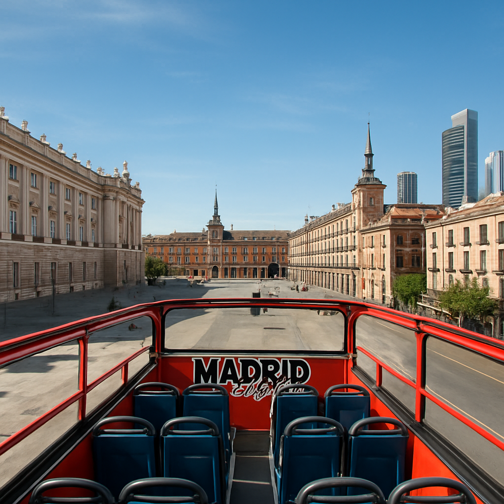 A panoramic view from the top deck of a madrid city tour bus, showing the Royal Palace, Plaza Mayor, and modern skyscrapers in the background. Alt: madrid city tour bus top‑deck view of historic and modern landmarks.