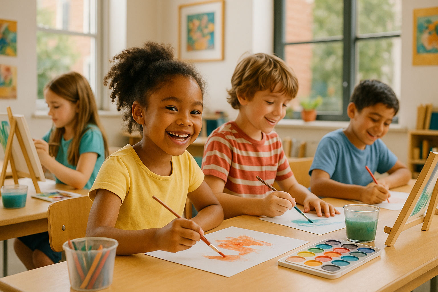 Young students happily painting in a bright classroom, engaging in art classes Pearland. Alt: Kids enjoying art classes Pearland learning painting and drawing skills.