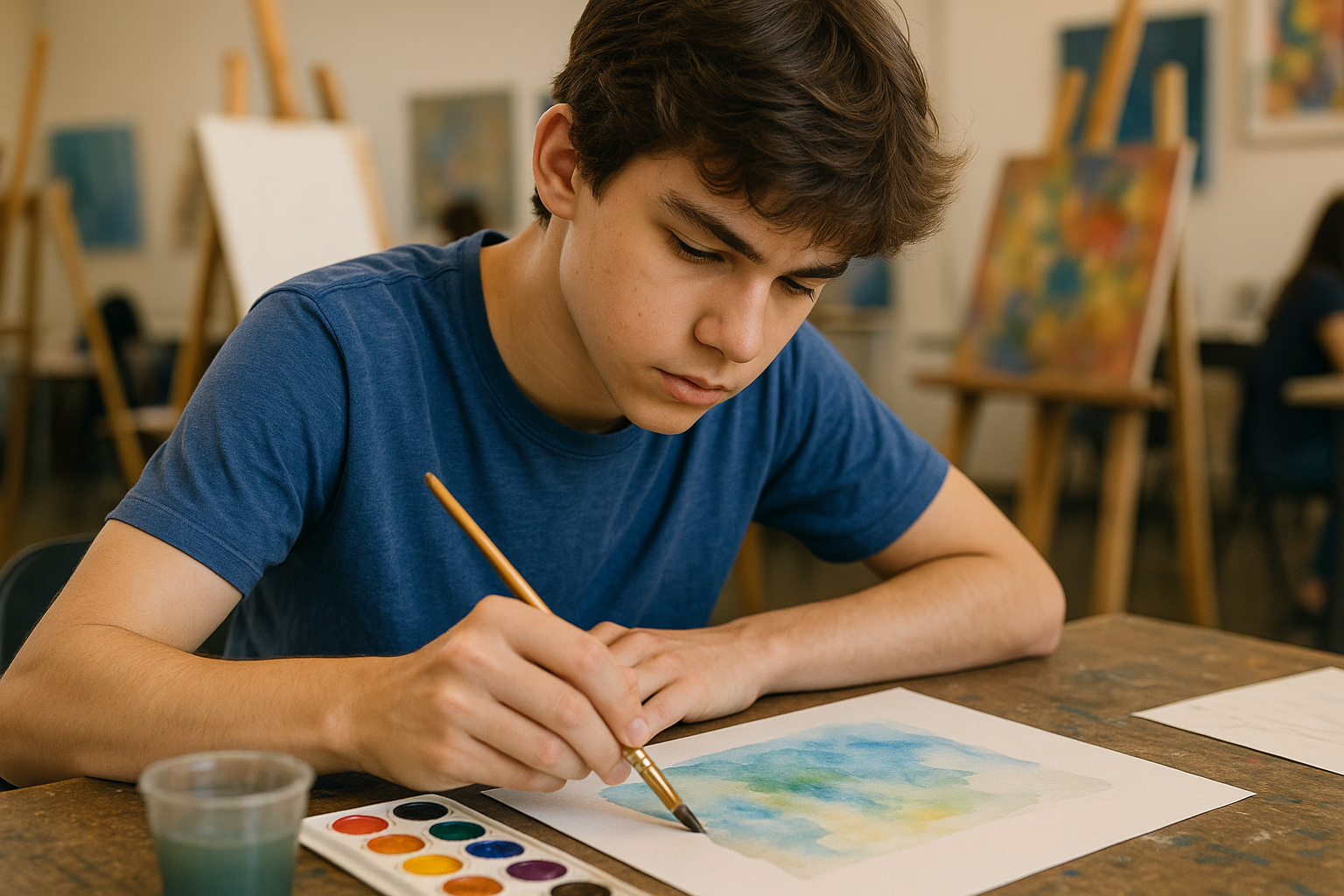 A teenager working intently on a watercolor painting at a Pearland art class, developing concentration and skills. Alt: Teen developing artistic and focus skills in art classes Pearland.
