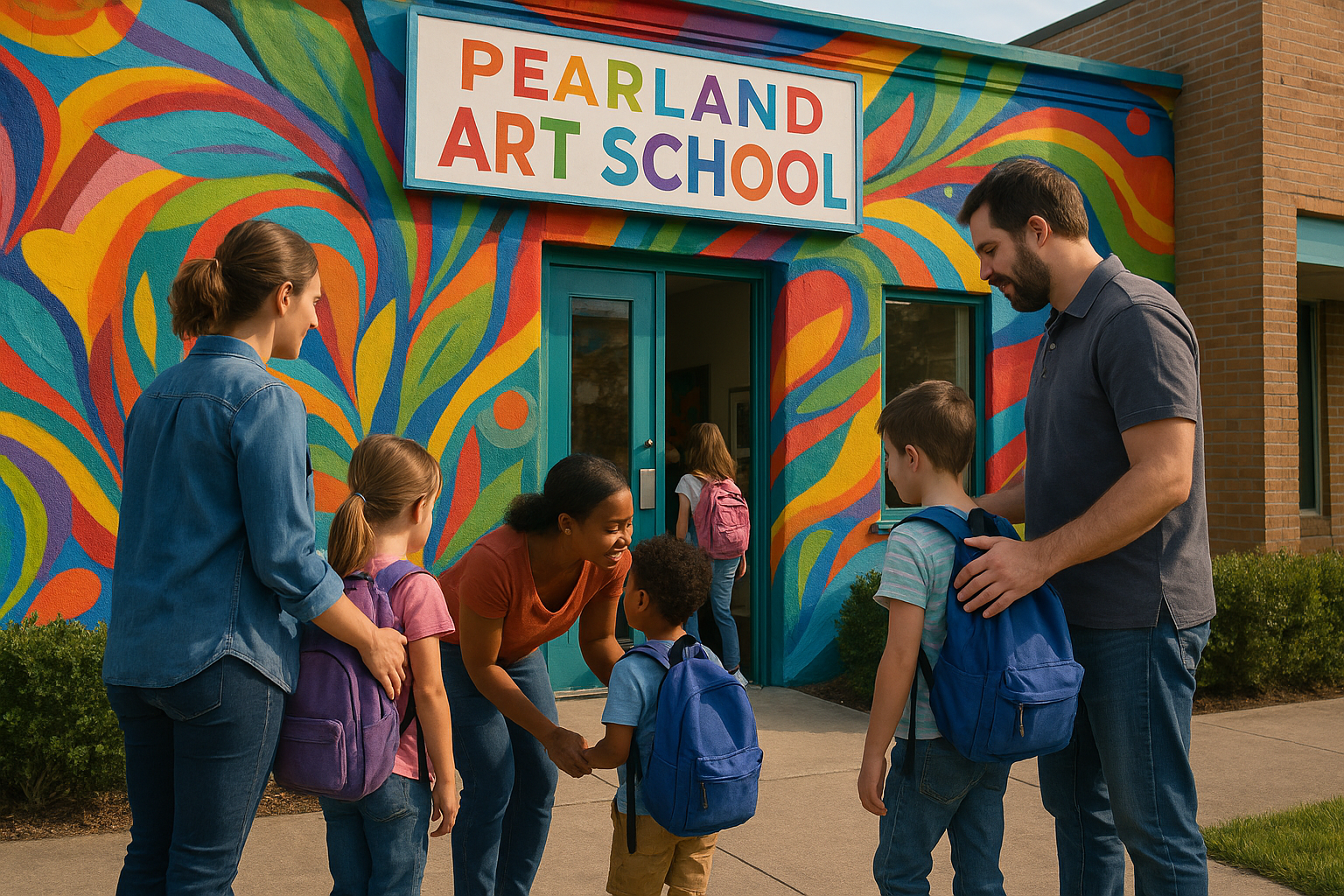 Parents dropping children off at a vibrant art school in Pearland, signifying the start of their creative journey. Alt: Parent-support for kids enrolling in art classes pearland.