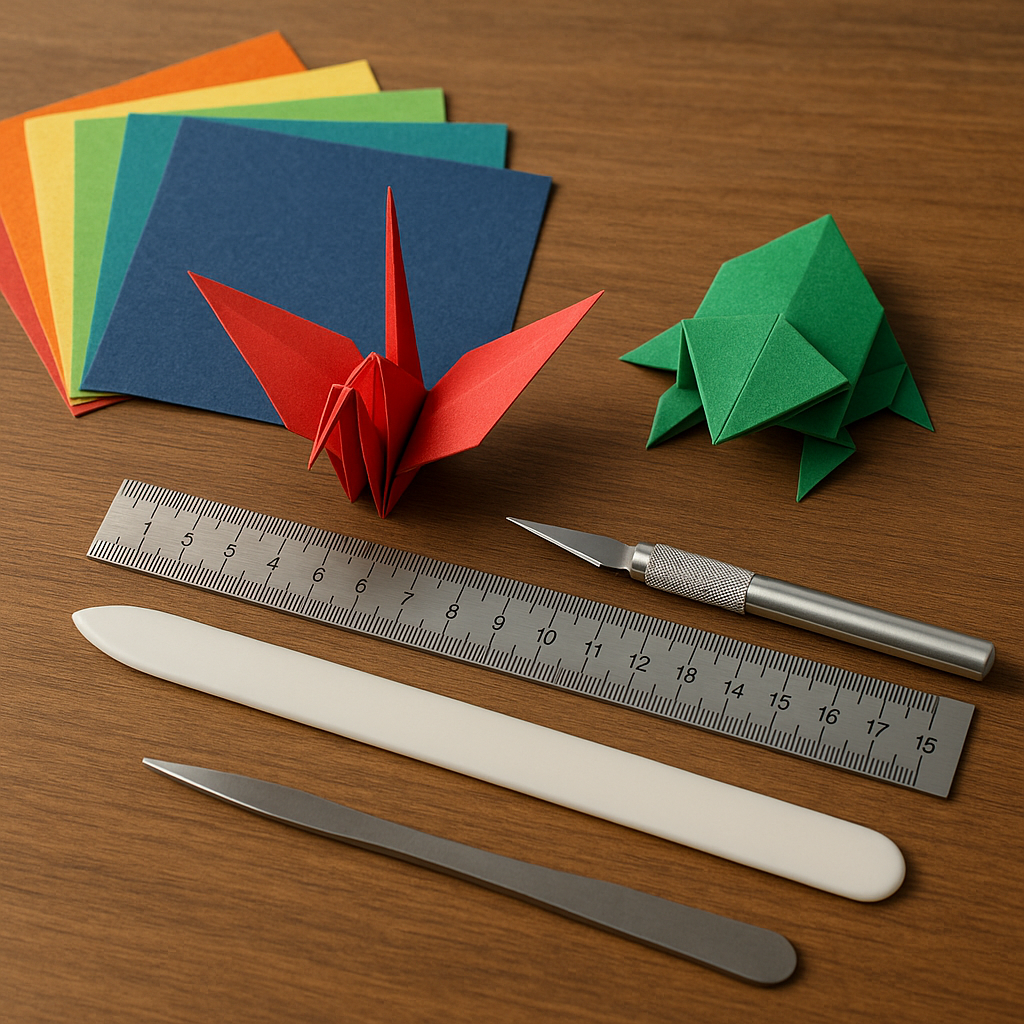 A selection of high-quality origami paper, folded models, and precision tools. Alt: Origami tutorials online showing premium paper and crafting tools for perfect folds.