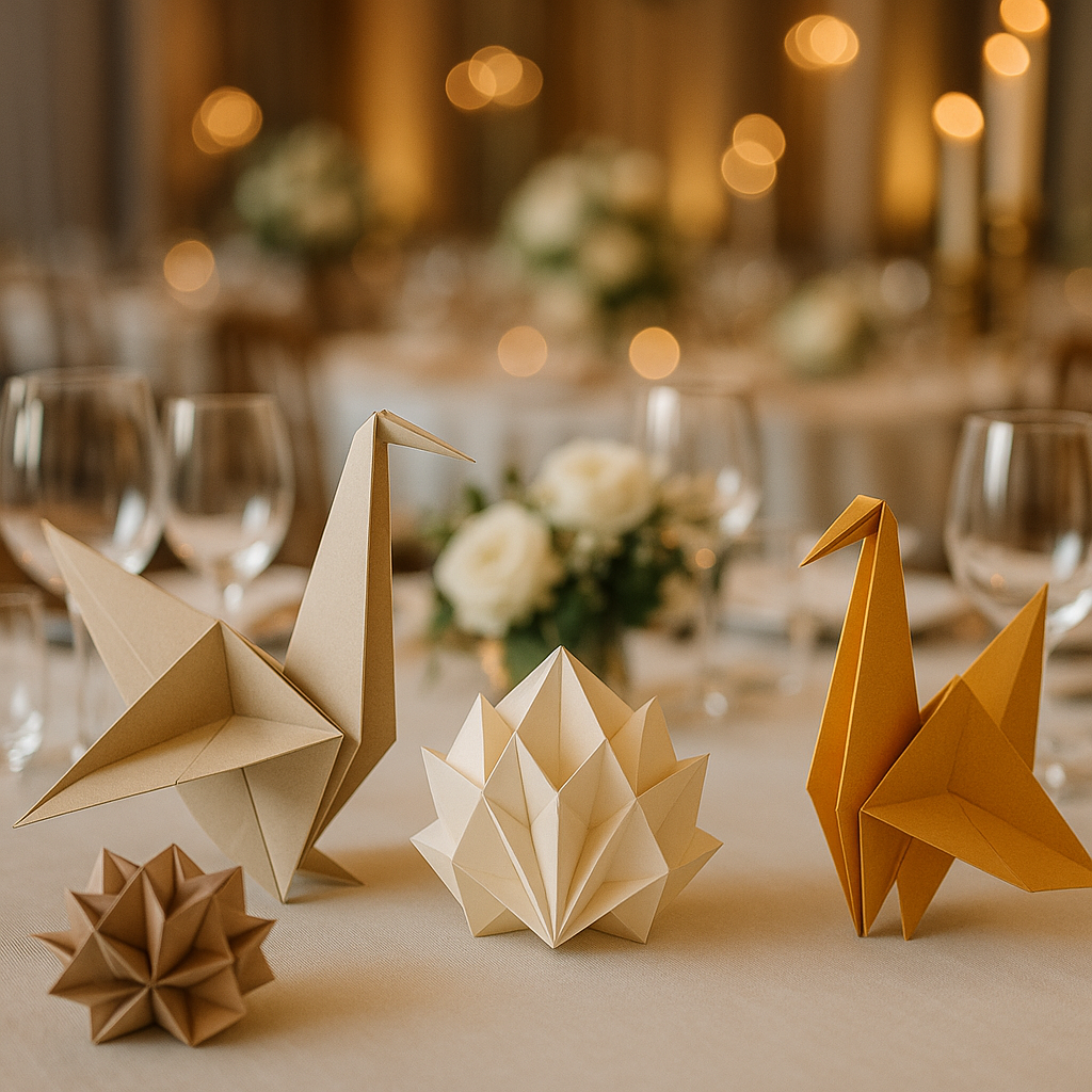 Creative paper origami decorations used in an elegant event setting. Alt: Origami tutorials online inspire unique event decorations and artistic projects.