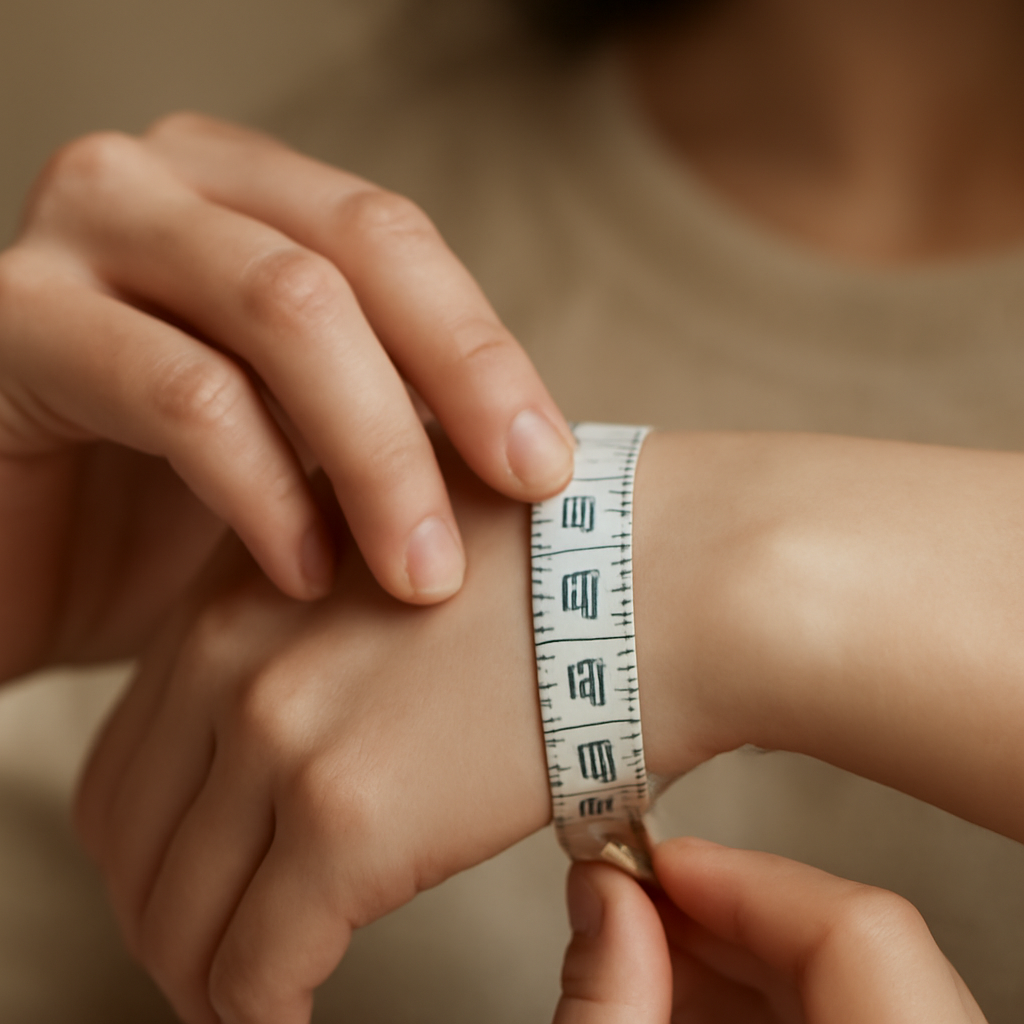 A photo of a woman measuring her wrist with a flexible tape measure, showing a close‑up of the wrist and measurement tool. Alt: Wrist measurement for bracelet sizing