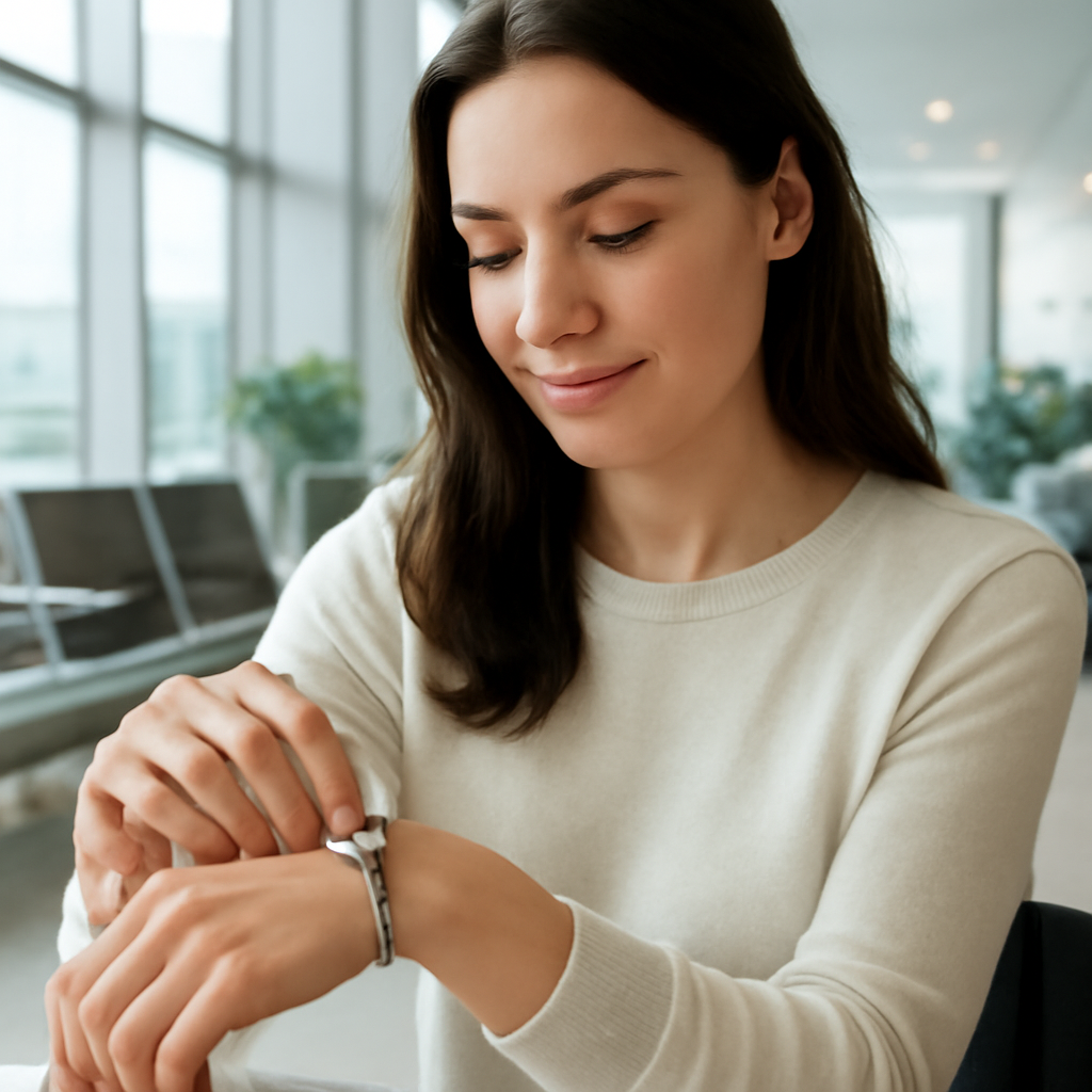 A woman trying on a bracelet with a magnetic clasp in a bright travel lounge. Alt: woman wearing travel bracelet with magnetic clasp