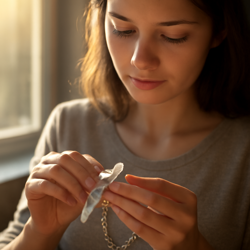 A woman gently cleaning a bracelet clasp with a soft cloth, sunlight filtering through a window. Alt: Woman cleaning bracelet clasp