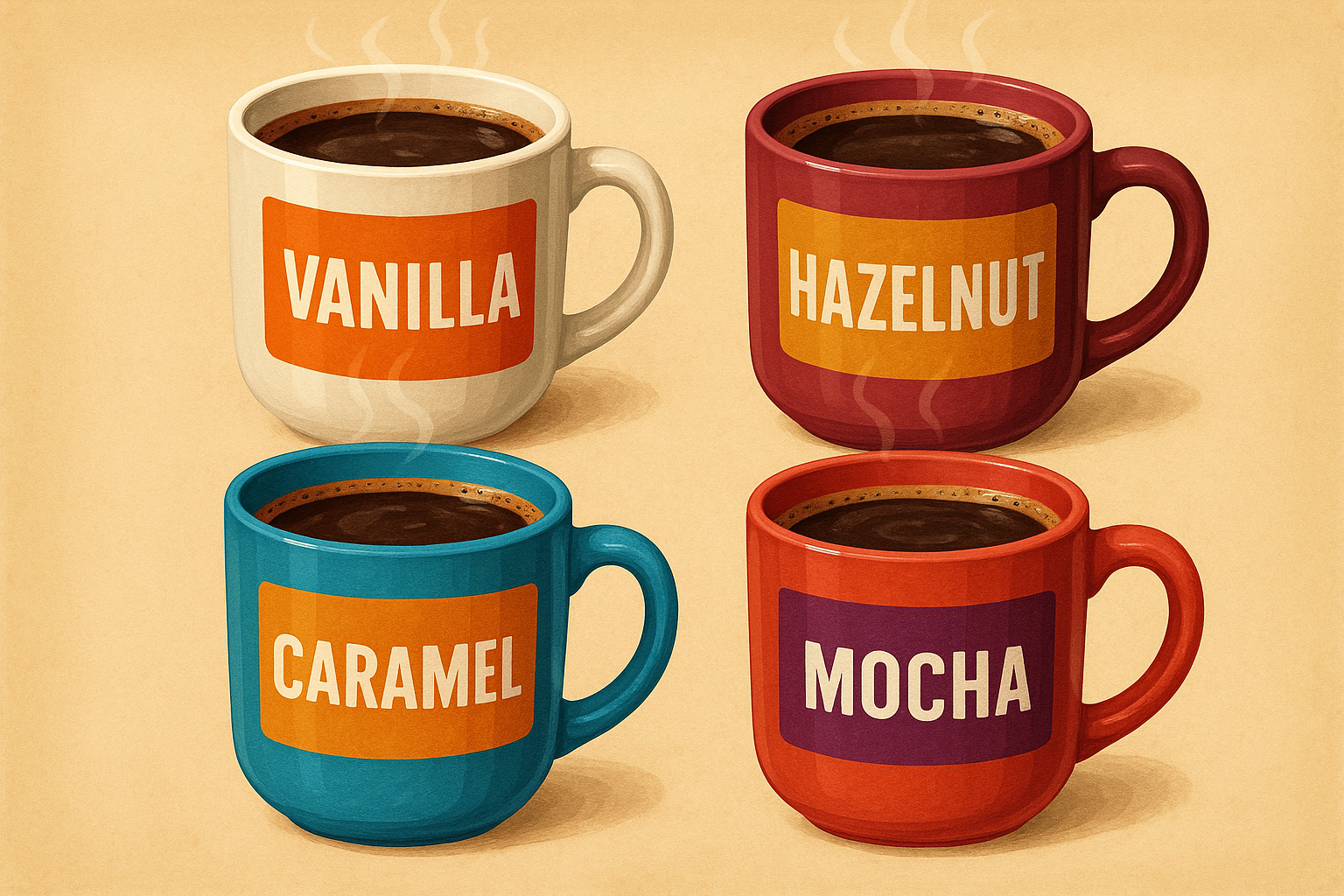 A graphic representation of various flavored coffee types, demonstrating the vibrancy of different flavors. Alt: Flavored coffee varieties with colorful labels.