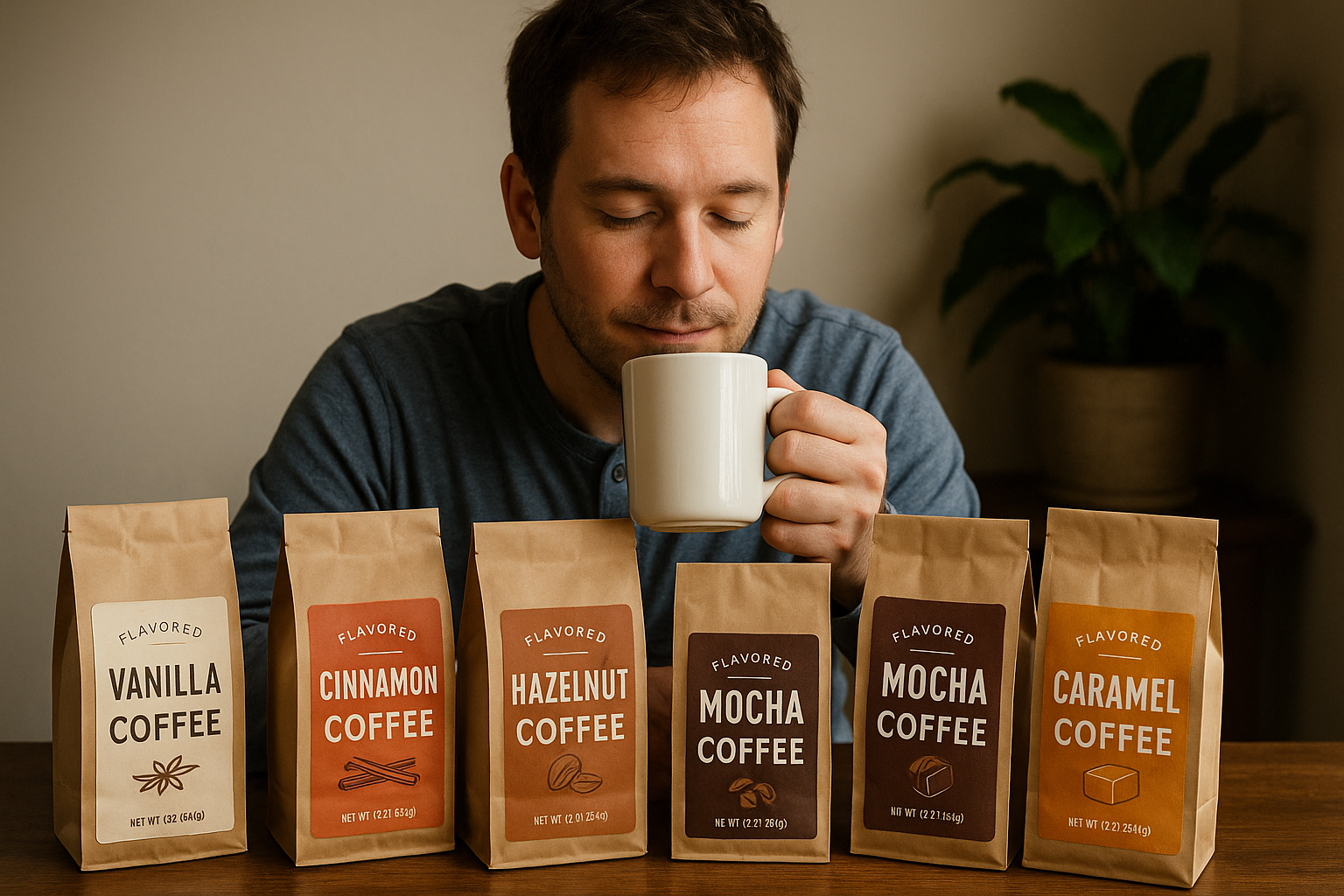 A person enjoying a cup of flavored coffee surrounded by coffee bags. Alt: A coffee enthusiast exploring various flavored coffee options.