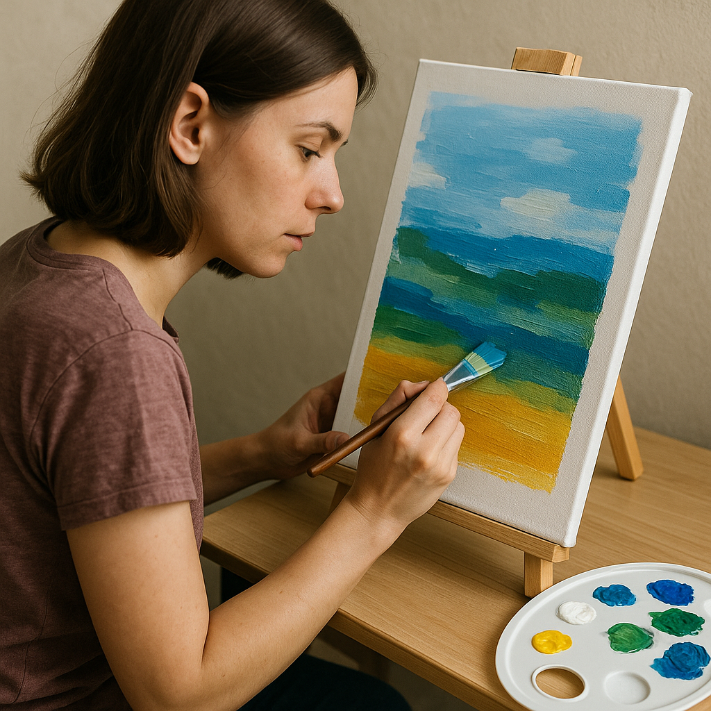 A beginner artist diligently applying acrylic paint on canvas, focusing on layering techniques. Alt: Acrylic painting course free beginner practicing layering techniques.