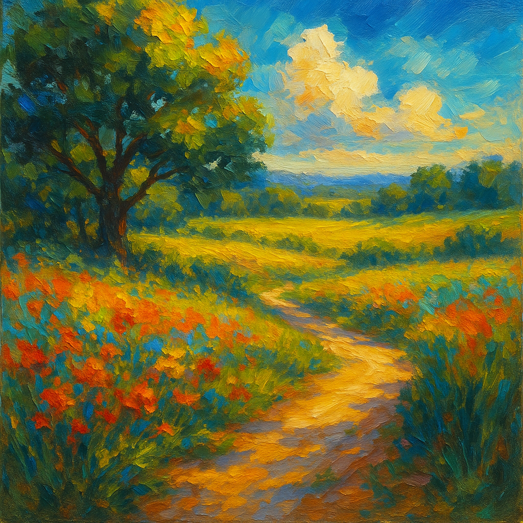 A vibrant acrylic landscape painting inspired by nature's colors and textures, capturing light and shadow. Alt: Acrylic painting course free landscape artwork illustrating blending and texture techniques.