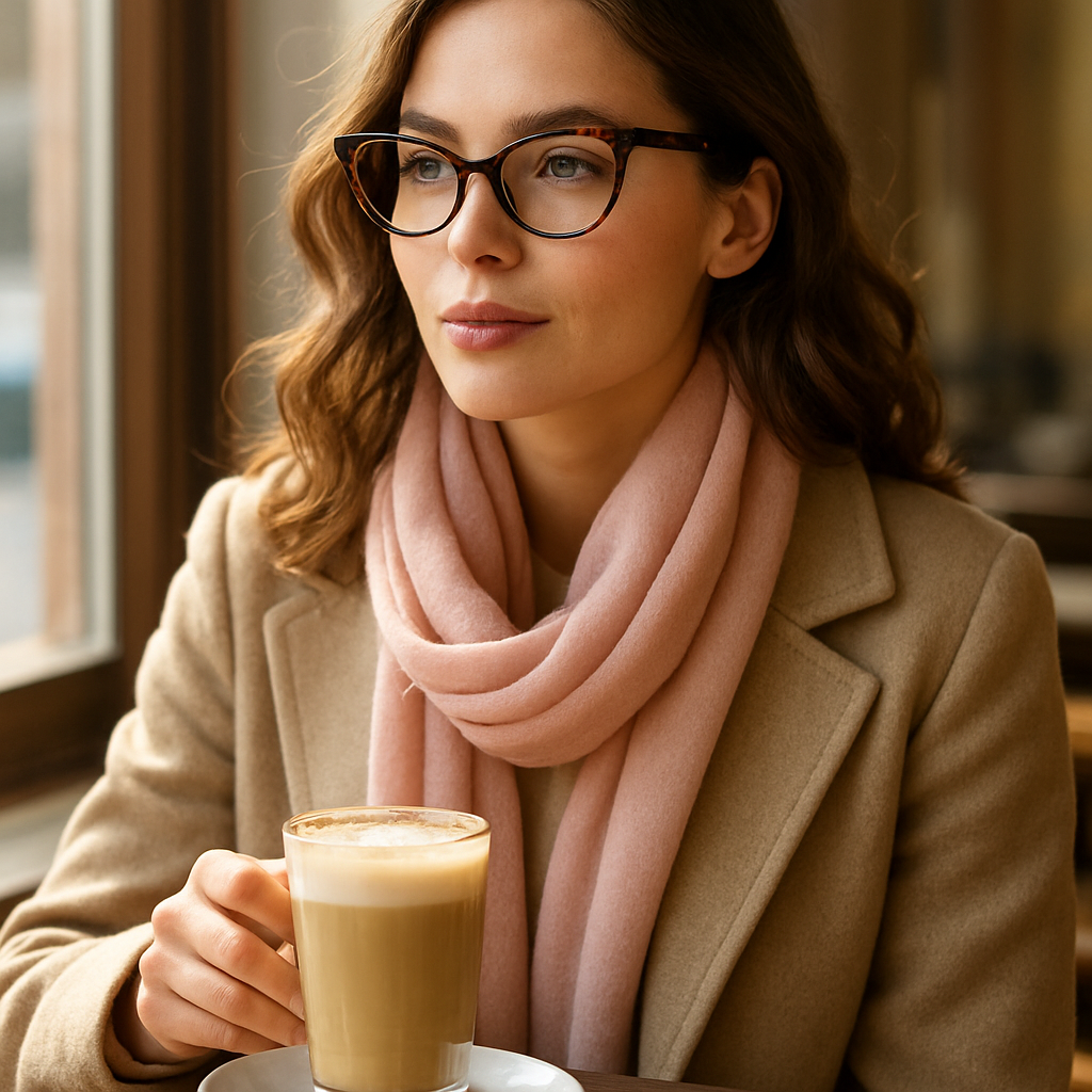 A stylish woman sitting at a sun‑lit cafe table, wearing tortoise shell cat‑eye eyeglass frames, a latte in hand, and a soft pastel scarf. Alt: women’s tortoise shell cat‑eye eyeglass frames fashion look.