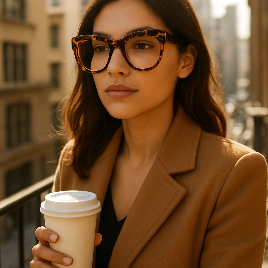 A stylish woman wearing bold oversized tortoise shell eyeglass frames, standing on a sunlit city balcony with a coffee cup, showcasing the warm pattern and large lenses. Alt: women’s tortoise shell eyeglass frames bold oversized style