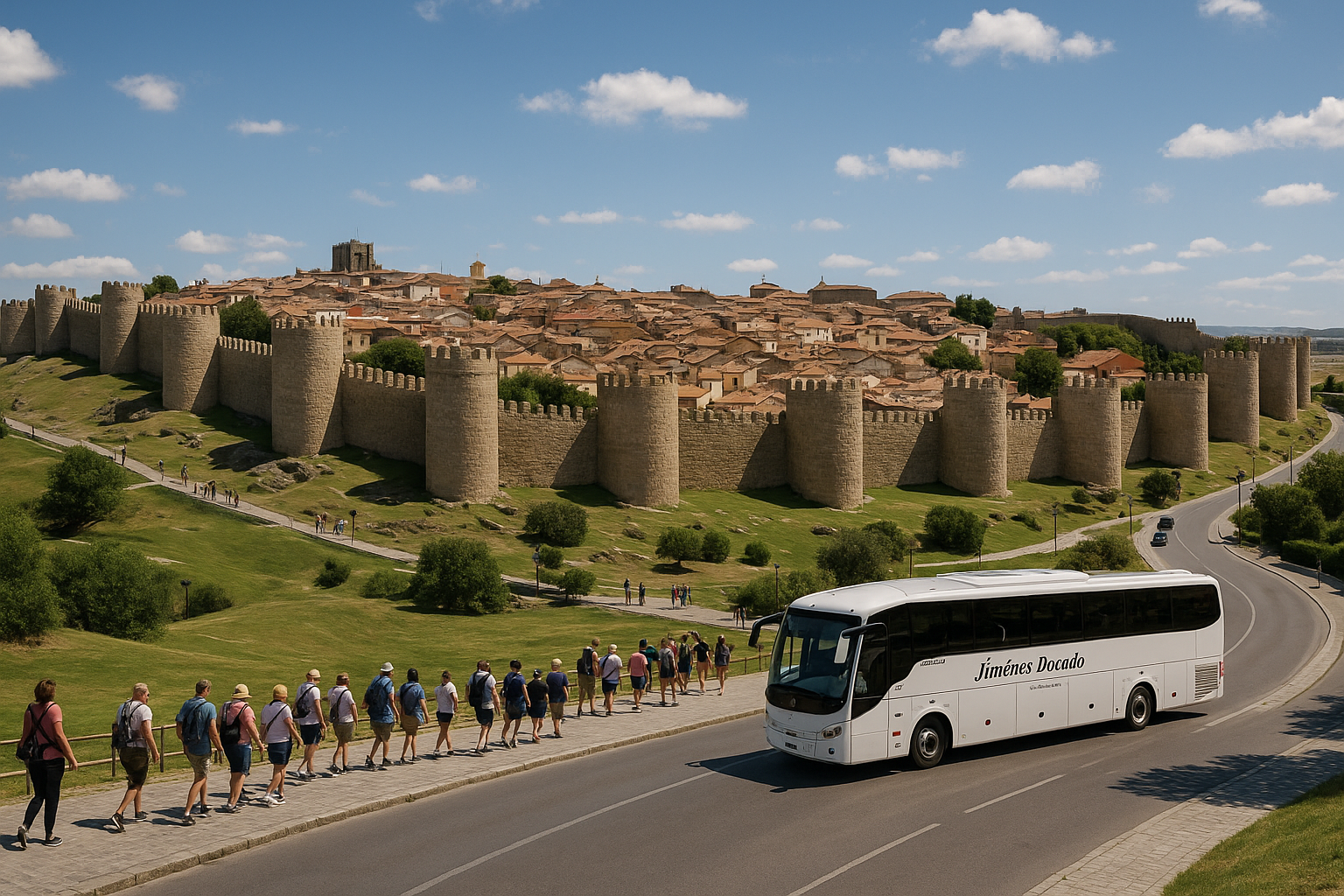 Ávila with a Bus Excursion from Madrid Panoramic view of Ávila city walls with tourists walking, Alt: Ávila excursion by bus from Madrid showcasing the medieval walls