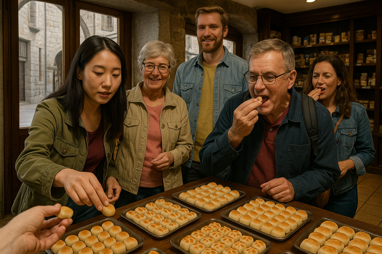 Ávila with a Bus Excursion from Madrid Visitors sampling marzipan sweets in Ávila old town shop, Alt: Ávila excursion by bus from Madrid local cuisine experience
