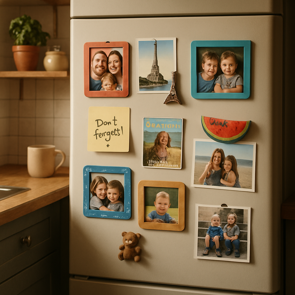 A cozy kitchen fridge covered with assorted magnetic photo holders showing family pictures, postcards, and fun notes. Alt: Interesting fridge magnets displaying family memories and adding warmth to kitchen décor.