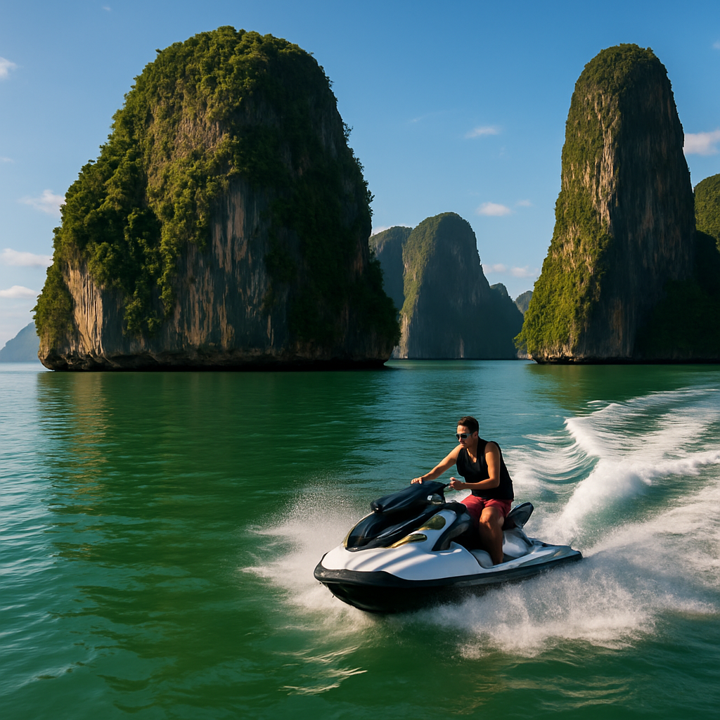 A scenic jet ski speeding through the tranquil emerald waters of Phang Nga Bay with limestone cliffs towering in the background. Alt: Phang Nga Bay jet ski tour cruising past limestone karsts and emerald waters.