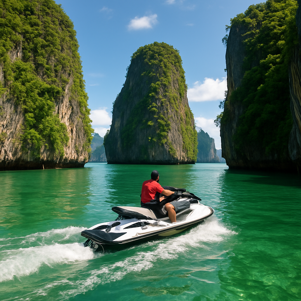 A sleek jet ski weaving between towering limestone karsts in Phang Nga Bay, lush green vegetation and crystal-clear water surrounding. Alt: Phang Nga Bay jet ski tour exploring limestone karsts and emerald waters.
