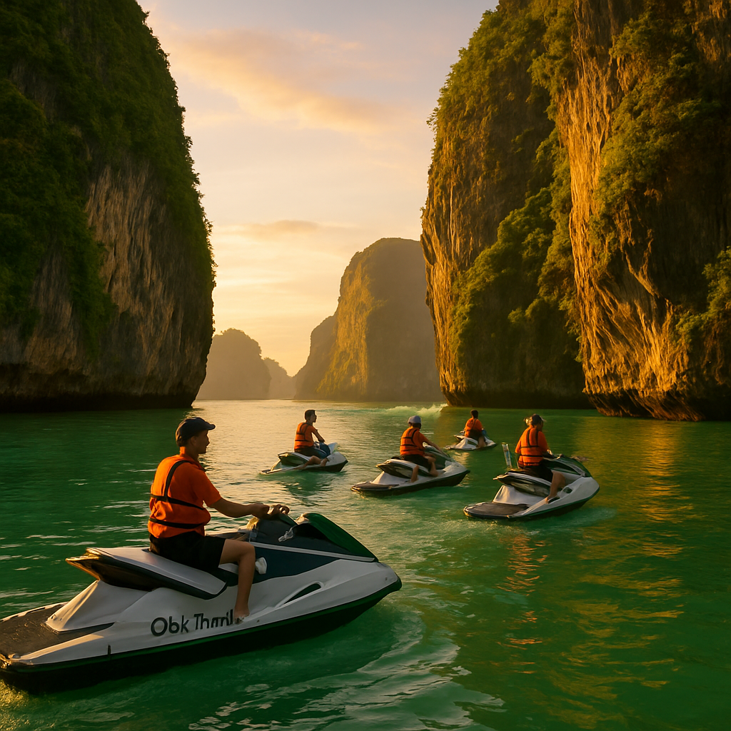 A group of jet skiers from Qbic Travel gliding smoothly between towering limestone cliffs of Phang Nga Bay at golden hour. Alt: Phang Nga Bay jet ski tour exploring limestone cliffs and emerald waters with Qbic Travel.