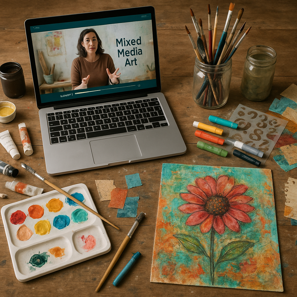 A workspace featuring an array of mixed media art supplies, a laptop displaying an online art course interface, and a completed layered mixed media artwork. Alt: A dynamic artist workspace showcasing a variety of mixed media supplies and an online mixed media art course playing on a laptop screen.