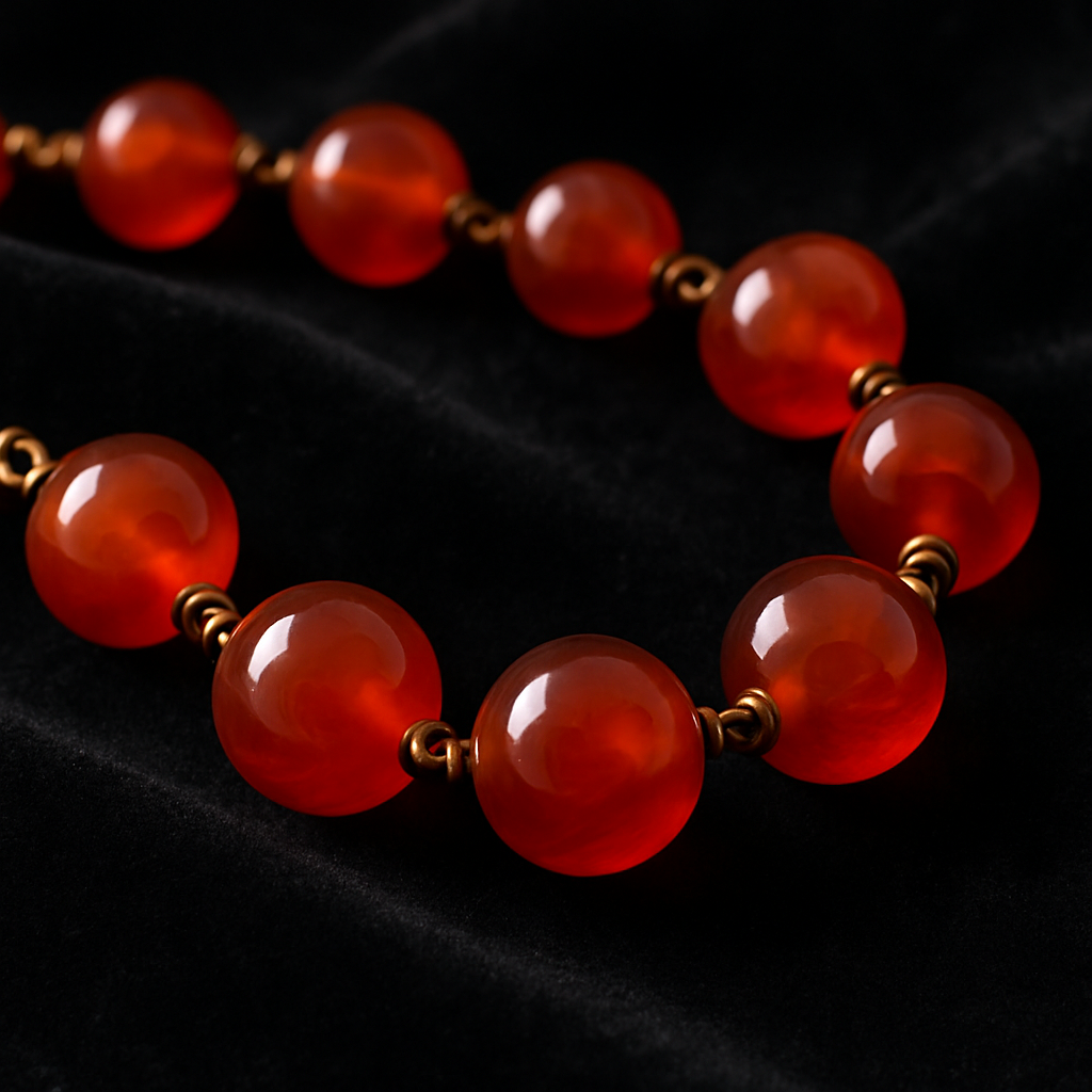 A close‑up of a hand‑crafted necklace featuring glowing red carnelian beads against a dark velvet backdrop. Alt: Carnelian jewellery showcasing metaphysical properties.