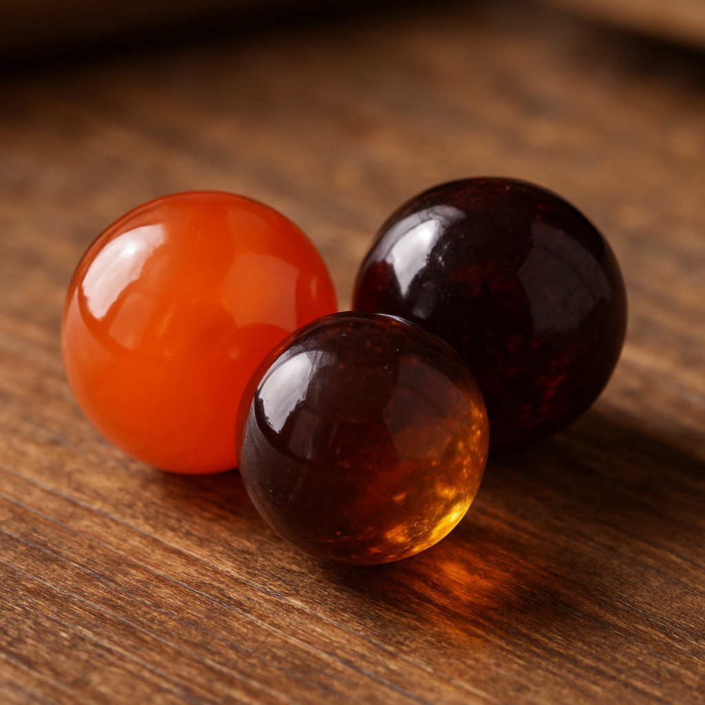 A close‑up of three gemstone beads – carnelian, red garnet, and amber – arranged on a wooden jewellery‑making table, highlighting their distinct colours and textures. Alt: Comparison of carnelian, red garnet, and amber beads for metaphysical use.