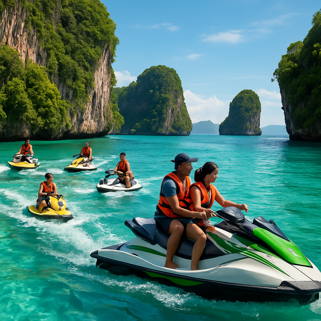 A group of tourists riding jet skis through clear turquoise waters in Phuket, surrounded by limestone cliffs and lush greenery. Alt: Guided jet ski tour in Phuket cruising past iconic islands and blue waves.